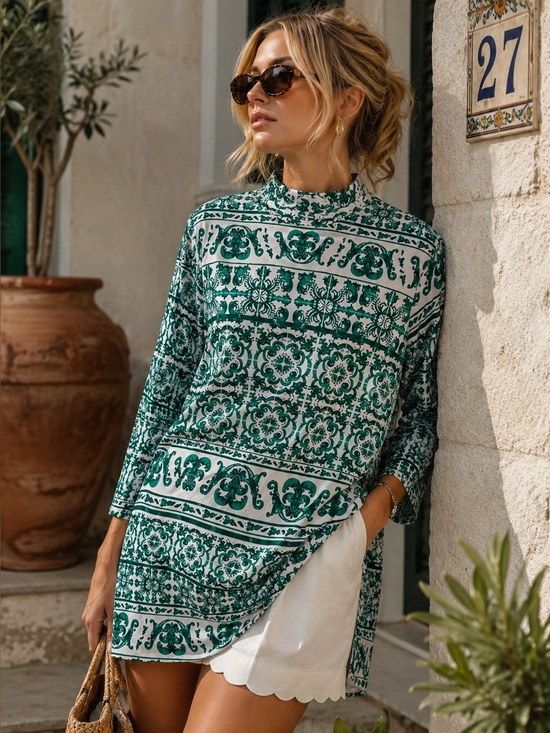 H&M Tops - H & M Green White Tile Print Tunic Top Med Boho Cottagecore Coastal Euro Summer